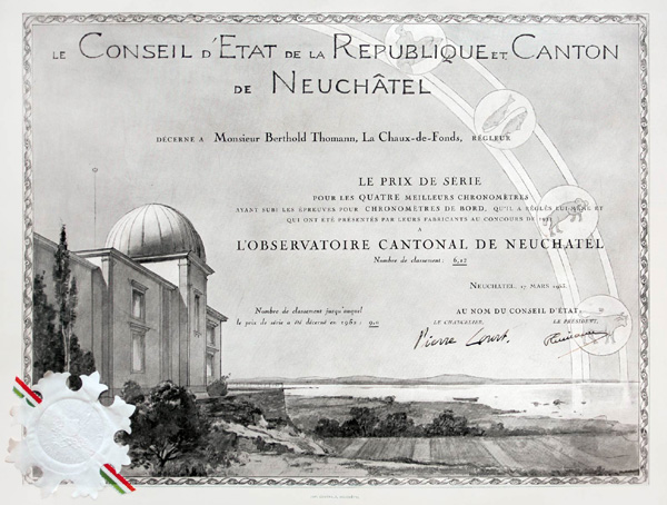 Prix de série décerné à M. Berthold Thomann, pour les quatre meilleurs chronomètres en 1952 Observatoire Cantonal de Neuchâtel MIH / BM Prix de série décerné à M. Berthold Thomann, pour les quatre meilleurs chronomètres en 1952 Observatoire Cantonal de Neuchâtel MIH / BM