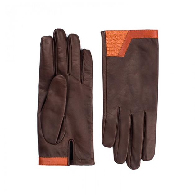 Gants Camille Fournet en chevreau marron chevreau gold et alligator Gants Camille Fournet en chevreau marron chevreau gold et alligator