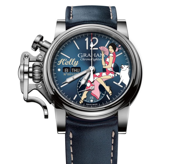 Graham Chronofighter Nose Art : une Kelly en qipao et son chien blanc Graham Chronofighter Nose Art : une Kelly en qipao et son chien blanc