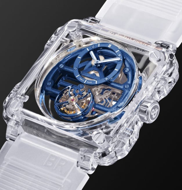 La BR-X1 Skeleton Tourbillon Sapphire bleue disponible en exclu sur Mr Porter La BR-X1 Skeleton Tourbillon Sapphire bleue disponible en exclu sur Mr Porter
