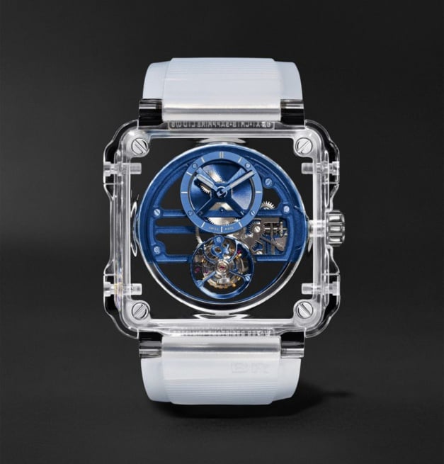 La BR-X1 Skeleton Tourbillon Sapphire bleue disponible en exclu sur Mr Porter La BR-X1 Skeleton Tourbillon Sapphire bleue disponible en exclu sur Mr Porter