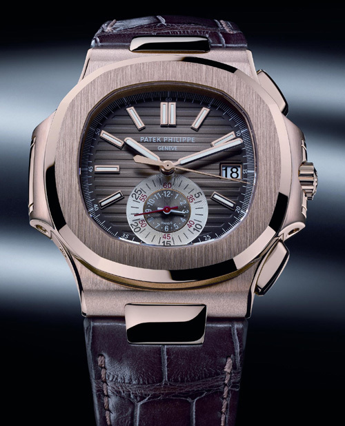 Chrono Nautilus Patek Philippe référence 5980R en or rose 18 carats sur bracelet cuir