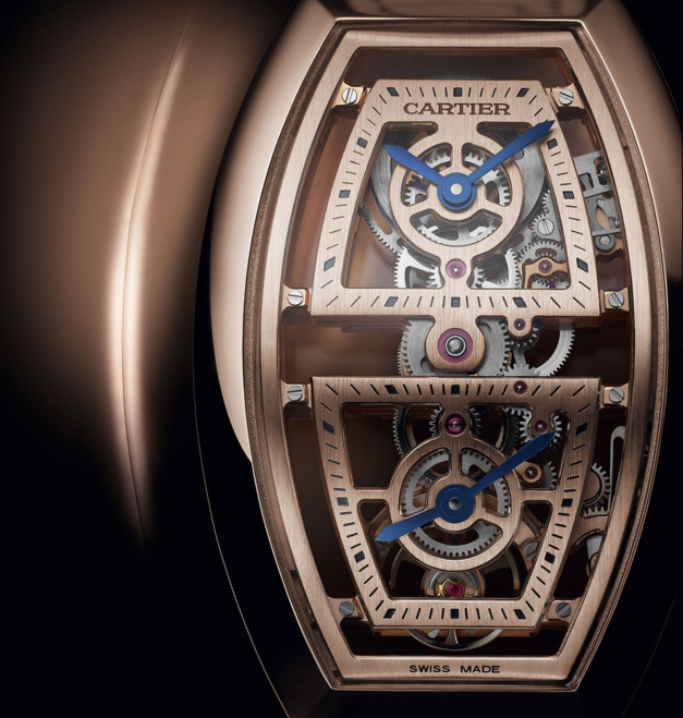 Cartier : une splendide montre Tonneau double fuseau horaire et squelette Cartier : une splendide montre Tonneau double fuseau horaire et squelette