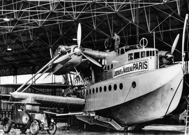 The huge seaplane, the Latécoère 521 Lieutenant de Vaisseau Paris in its hangar in Biscarrosse, France @Latécoère Foundation.