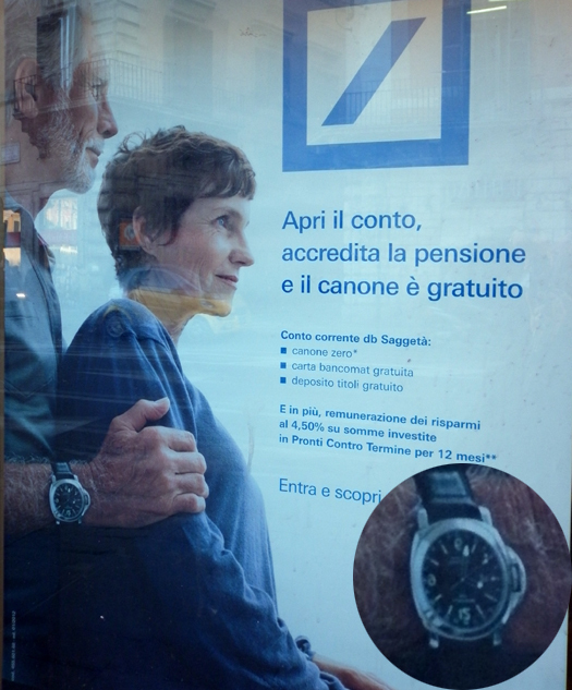 Rome : un mannequin porte une Luminor Panerai dans une publicité pour la Deutsche Bank