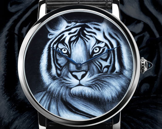 Rotonde de Cartier : décor tigre en émail grisaille