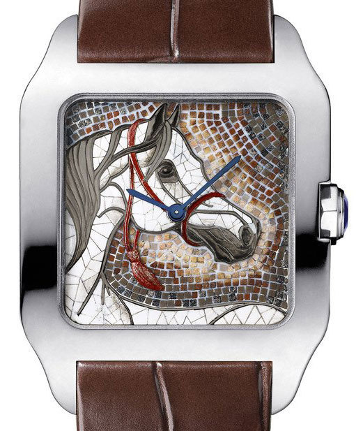 Cartier Santos-Dumont XL : un cheval en mosaïque de pierres sur le cadran Cartier Santos-Dumont XL : un cheval en mosaïque de pierres sur le cadran