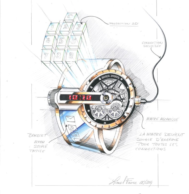 Lionel Favre, responsable du design à l’époque chez Roger Dubuis a conçu un garde temps qui est une véritable fusion entre la tradition horlogère et les outils connectés du futur. L’énergie électrique étant produite par un classique mouvement mécanique horloger à double rotor.