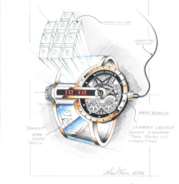 Lionel Favre, responsable du design à l’époque chez Roger Dubuis a conçu un garde temps qui est une véritable fusion entre la tradition horlogère et les outils connectés du futur. L’énergie électrique étant produite par un classique mouvement mécanique horloger à double rotor. Lionel Favre, responsable du design à l’époque chez Roger Dubuis a conçu un garde temps qui est une véritable fusion entre la tradition horlogère et les outils connectés du futur. L’énergie électrique étant produite par un classique mouvement mécanique horloger à double rotor.