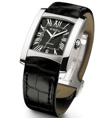 Boîte en acier brossé/poli, bracelet en alligator noir, cadran noir Boîte en acier brossé/poli, bracelet en alligator noir, cadran noir