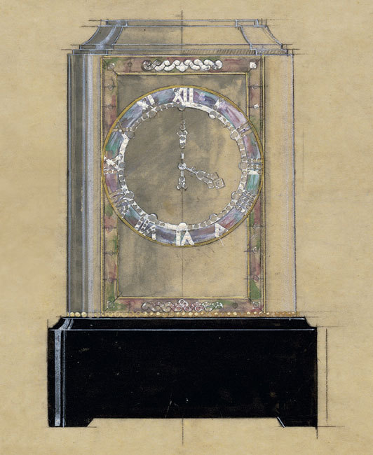 Dessin de création pour une pendule mystérieuse de type Modèle A réalisée en cristal de roche, nacre, or jaune, onyx et diamants, 1929 Crédit photo Archives Cartier Dessin de création pour une pendule mystérieuse de type Modèle A réalisée en cristal de roche, nacre, or jaune, onyx et diamants, 1929 Crédit photo Archives Cartier