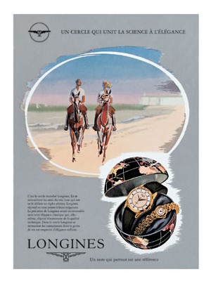 Affiche publicitaire de Longines évoquant la vocation d’élégance de la marque, 1954.