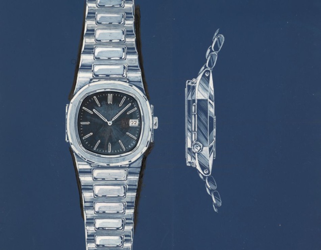 Le design original de Genta pour la Nautilus, l’un des rares dessins à montrer également la montre de profil.