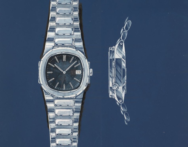 Le design original de Genta pour la Nautilus, l’un des rares dessins à montrer également la montre de profil. Le design original de Genta pour la Nautilus, l’un des rares dessins à montrer également la montre de profil.