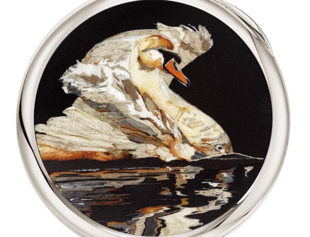 Patek Philippe : montre de poche pièce unique "Cygne" en marqueterie de bois et cadran émaillé Patek Philippe : montre de poche pièce unique "Cygne" en marqueterie de bois et cadran émaillé
