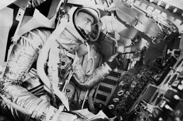 Scott Carpenter undergoes a simulated mission in the procedures trainer at Langley Air Force Base, Virginia. Photo credit NASA