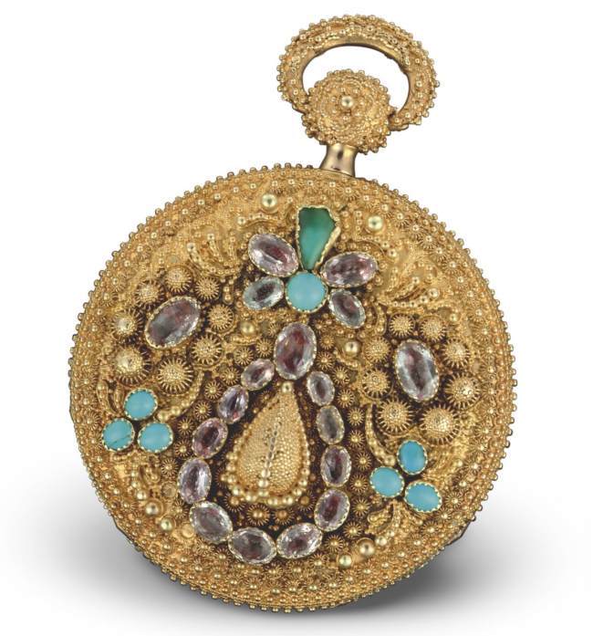 1824 - Montre de poche, or rose, boîte ciselée décor floral et appliques en ramolayé, rehaussée de turquoises et d'améthystes. Cadran or rose.