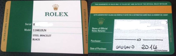 carte de garantie Rolex
