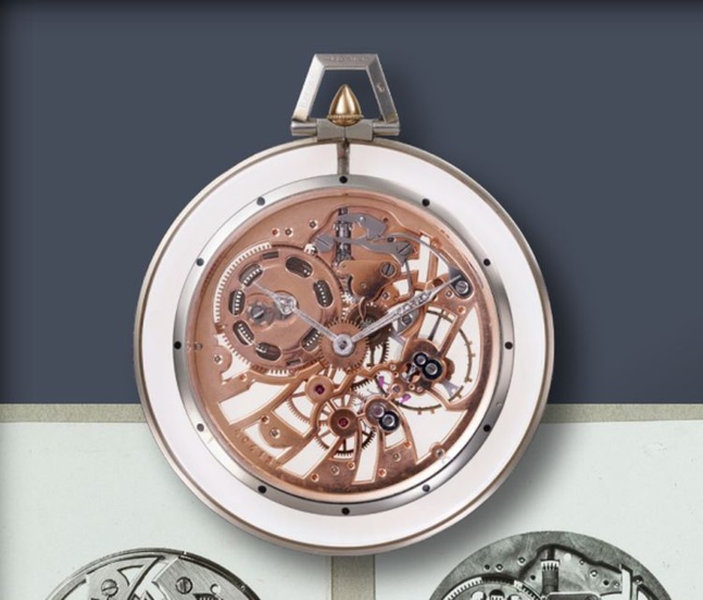 Montre de poche extra-plate en or gris 18K et cristal de roche, mouvement squelette en or rouge, indication des heures sur la lunette en 12 points noirs (boîte Verger Frères) – 1927 Montre de poche extra-plate en or gris 18K et cristal de roche, mouvement squelette en or rouge, indication des heures sur la lunette en 12 points noirs (boîte Verger Frères) – 1927