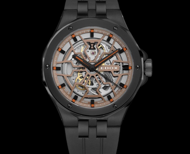 Edox Delphin Mecano : une sportive squelettée en PVD noir avec cadran crème et orange Edox Delphin Mecano : une sportive squelettée en PVD noir avec cadran crème et orange