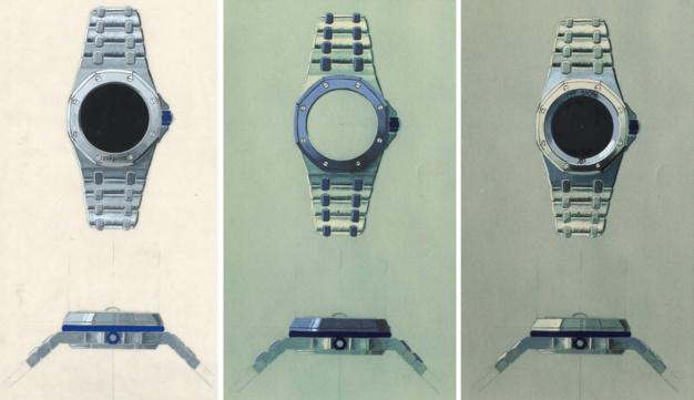 Croquis Royal Oak Offshore. Le 19 avril 1989, Emmanuel Gueit signe les premières études de Royal Oak Offshore. Diamètre surdimensionné (42mm), joints caoutchoucs visibles, épaisseur massive seront conservés. La boussole sera remplacée dès l’automne 1989 par un chronographe. Archives Audemars Piguet. Croquis Royal Oak Offshore. Le 19 avril 1989, Emmanuel Gueit signe les premières études de Royal Oak Offshore. Diamètre surdimensionné (42mm), joints caoutchoucs visibles, épaisseur massive seront conservés. La boussole sera remplacée dès l’automne 1989 par un chronographe. Archives Audemars Piguet.