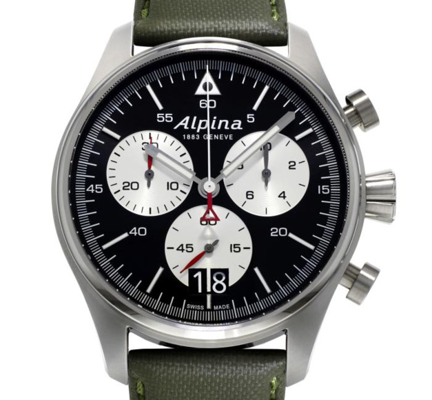 Alpina Startimer Pilot Chrononographe Big Date : cadran noir et argenté Alpina Startimer Pilot Chrononographe Big Date : cadran noir et argenté