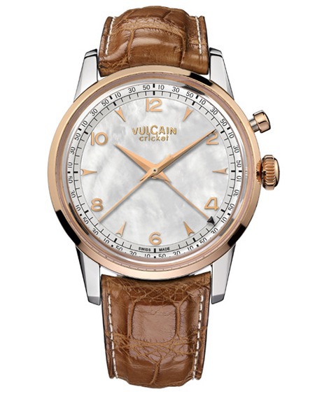 Vulcain for Heiner Lauterbach, montre réveil Cricket manuel, or rose et acier, 42 mm, cadran nacre, index rose (2015)