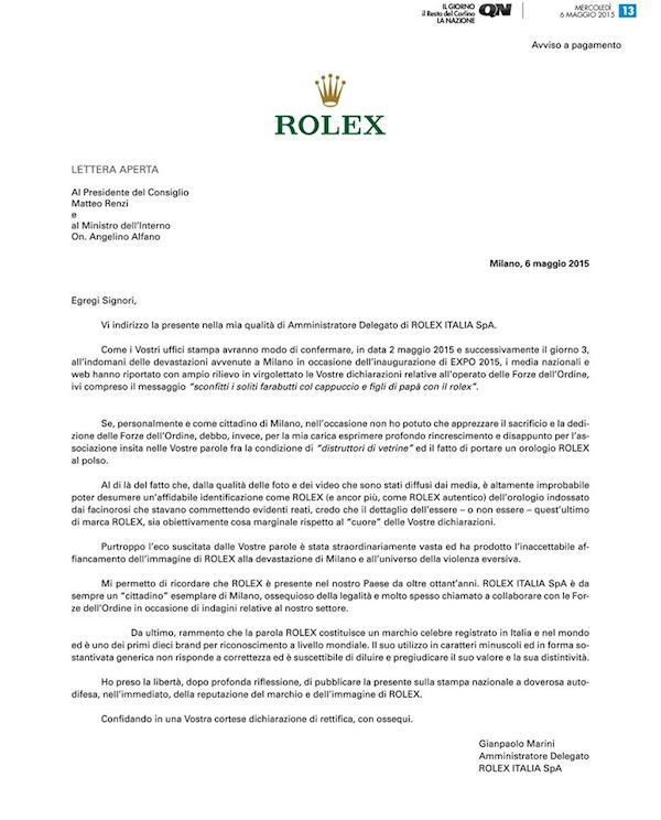 Lettre ouverte de Rolex à Matteo Renzi au sujet des casseurs en Rolex Lettre ouverte de Rolex à Matteo Renzi au sujet des casseurs en Rolex
