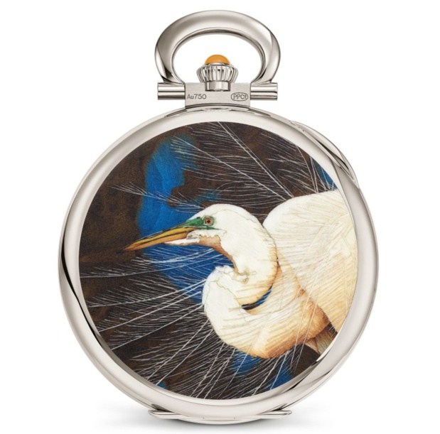 Patek Philippe "Portrait d'aigrette blanche" : montre de poche pièce unique en marqueterie de bois