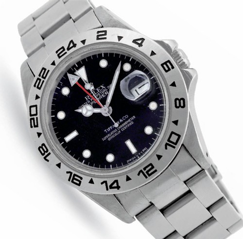 Rolex Explorer II commercialisée par Tiffany & Co en 1984 Réf 16550 Photo d'après le catalogue Antiquorum Rolex Explorer II commercialisée par Tiffany & Co en 1984 Réf 16550 Photo d'après le catalogue Antiquorum