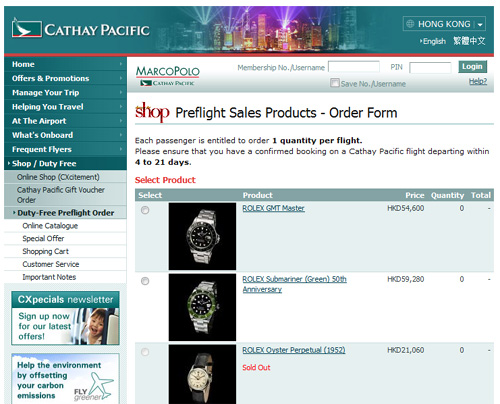 Des Rolex vintage en vente en duty free sur les vols de la Cathay Pacific