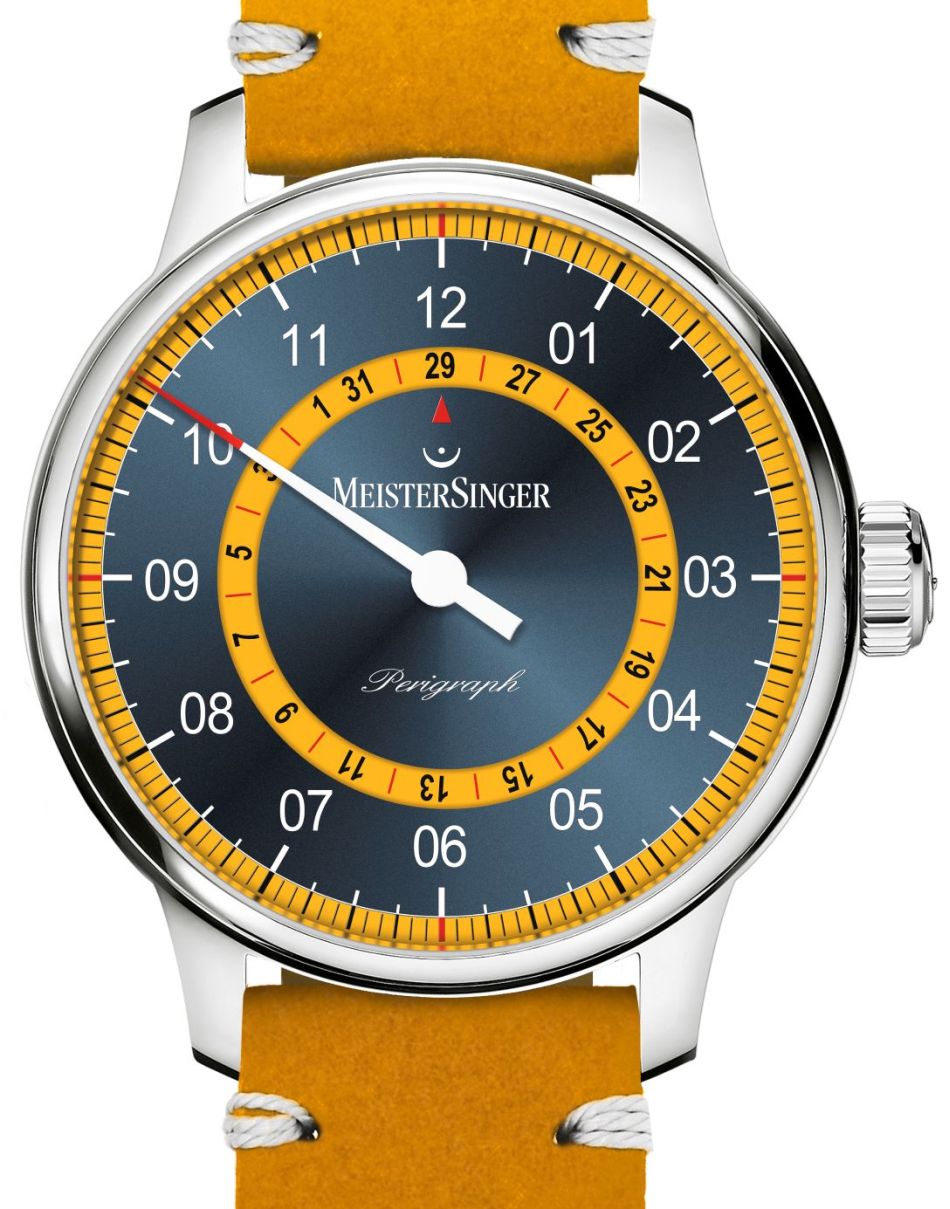 MeisterSinger Perigraph Mellow Yellow : cadran bleu soleillé et jaune soleil MeisterSinger Perigraph Mellow Yellow : cadran bleu soleillé et jaune soleil