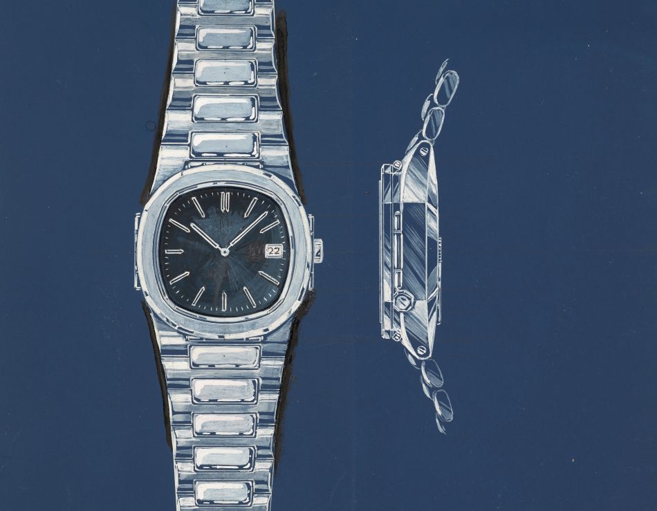 Le design original de Genta pour la Nautilus, l’un des rares dessins à montrer également la montre de profil.