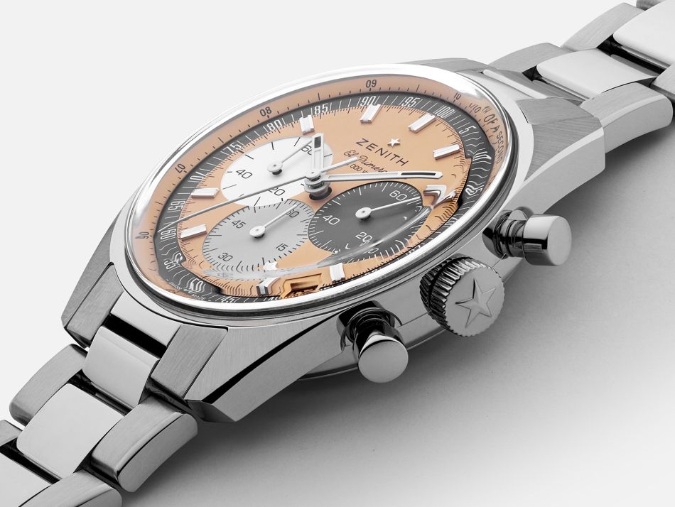 Zenith Chronomaster Original Hodinkee : trois nuances de gris sur fond saumon