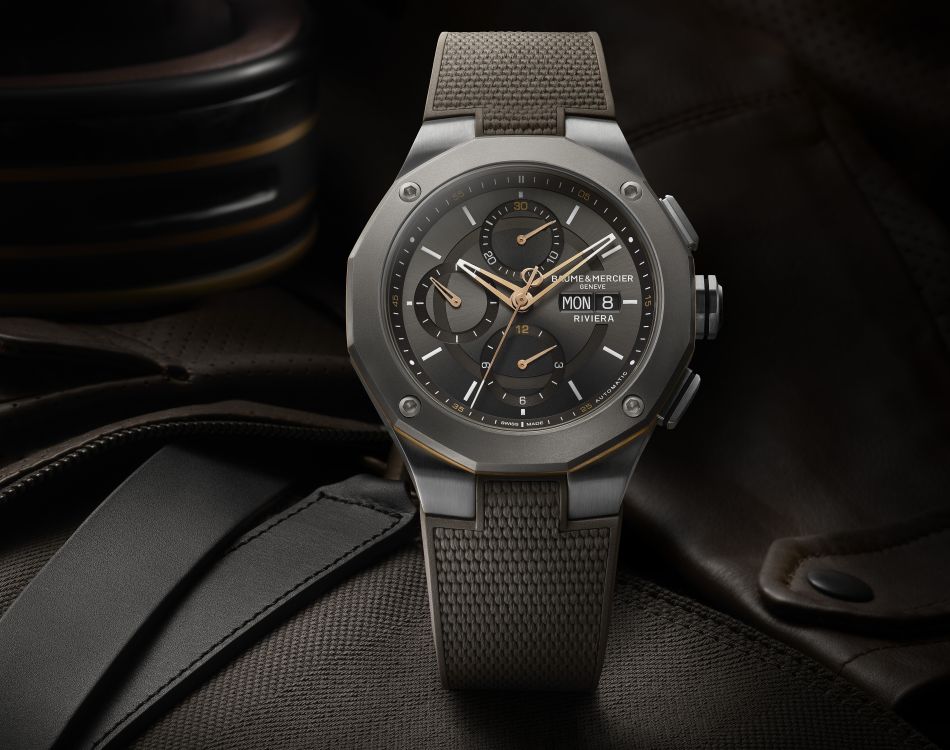 Baume & Mercier Riviera Chronographe : sportif-chic avec cadran ardoise et touches dorées