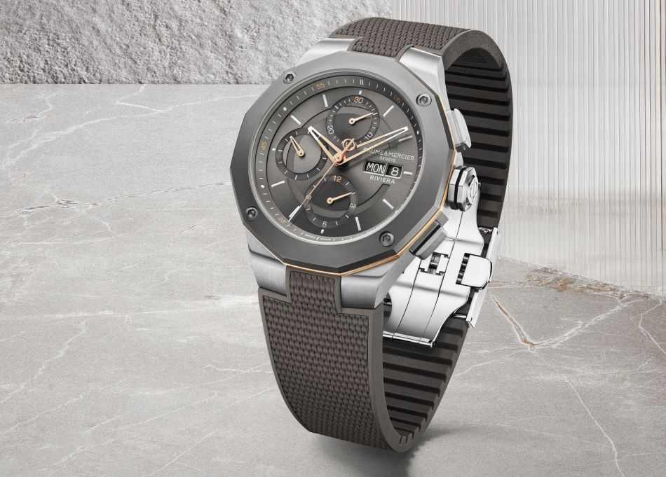 Baume & Mercier Riviera Chronographe : sportif-chic avec cadran ardoise et touches dorées