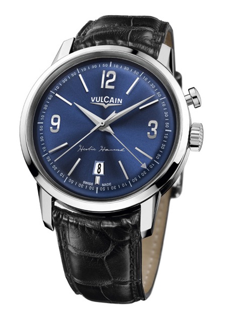 Vulcain for Herbie Hancock, montre bracelet réveil Cricket manuel, date, acier, 42 mm,  cadran bleu soleillé, index rhodiés (2012)
