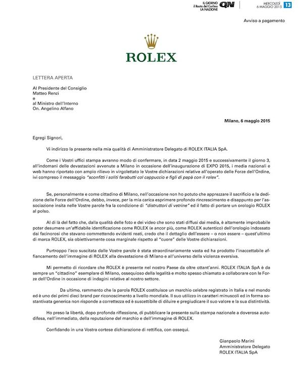 Lettre ouverte de Rolex à Matteo Renzi au sujet des casseurs en Rolex