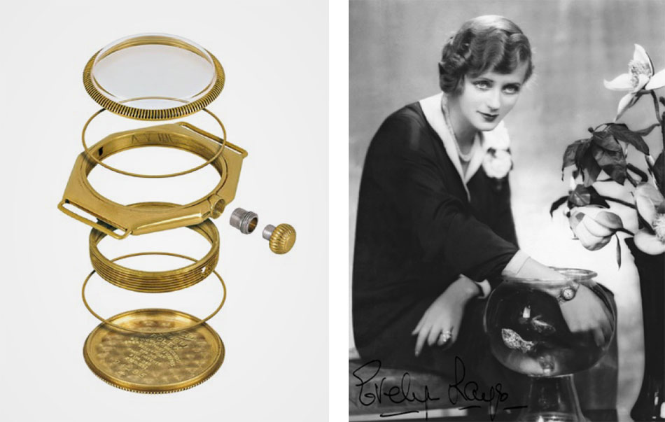 Eclaté du boîtier Oyster originel et l’actrice Evelyn Laye démontre l’étanchéité de sa Rolex Oyster dans les années 1930