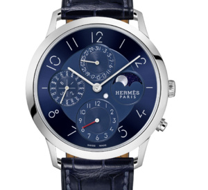 Hermès Slim en platine : l'heure bleu en version QP GMT Phase de Lune