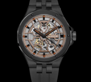 Edox Delphin Mecano : une sportive squelettée en PVD noir avec cadran crème et orange