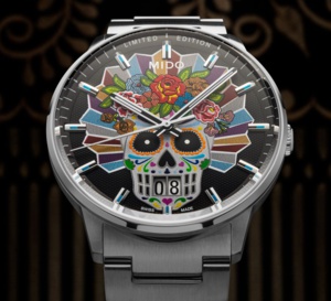 Mido Commander Big Date Homenaje Limited Edition Dia de los Muertos : un crâne lumineux dans la nuit